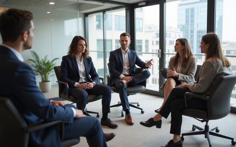 Professional team meeting in modern Dallas office discussing financing strategies, diverse business 