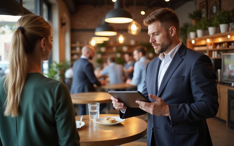 Restaurant owner reviewing daily sales on tablet at busy Dallas eatery, warm ambient lighting, authe