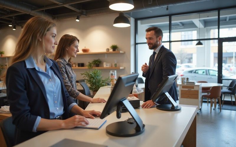 Retail store checkout counter with modern POS system, bright welcoming commercial space, lifestyle b
