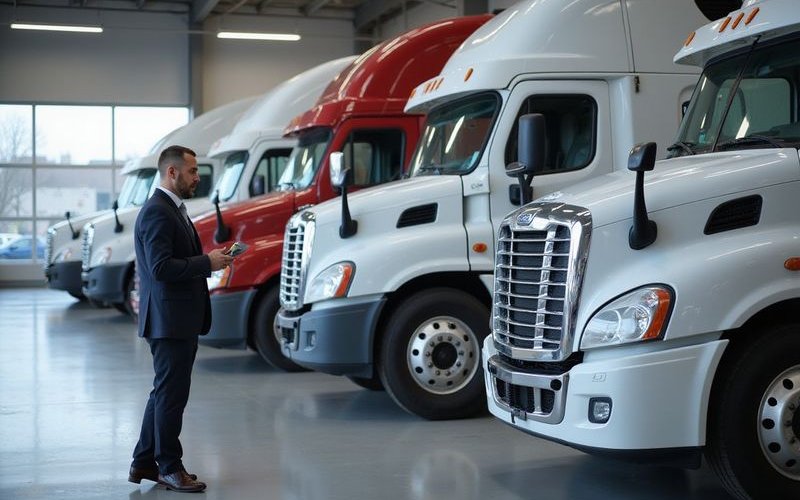 Row of commercial vehicles and trucks at dealership, business owner evaluating fleet options, profes