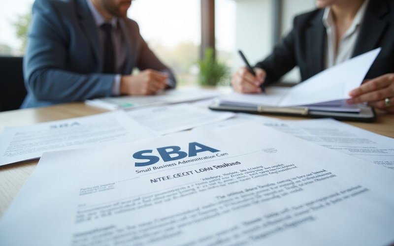 SBA loan application documents with Small Business Administration seal, professional paperwork sprea