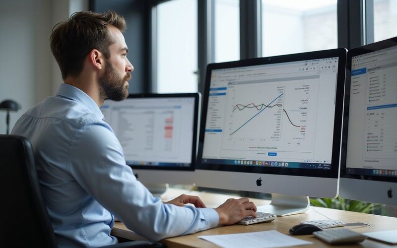 Tax professional calculating deductions with financial software, multiple screens showing depreciati