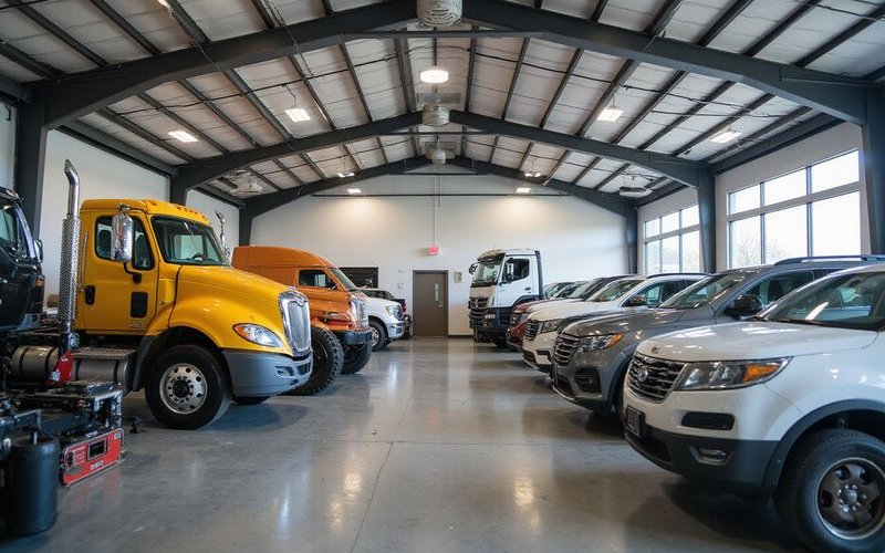 Used commercial equipment lot with various machinery and vehicles, well-maintained pre-owned equipme