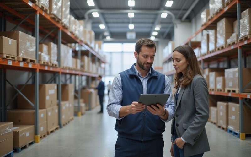 Warehouse manager reviewing inventory with tablet, modern logistics facility, professional business 